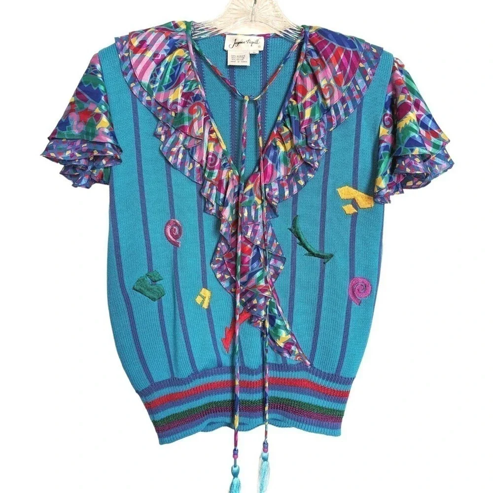 Jaymee Papell Vintage 80's Sweater Colorful Embroidered Short Sleeve